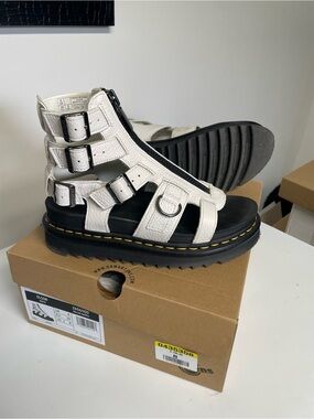 Dr. Martens White Leather Buckle Gladiator Sandal with Black Platform